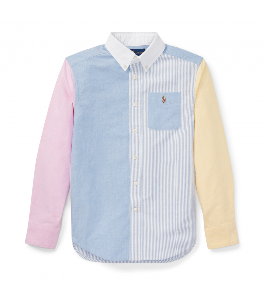 Polo Rl Blue & Striped Color Block Shirt Wt Yellow And Pink Sleeve